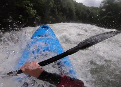 Kayaking down a flooded river Puesco river at insane flows highest descent